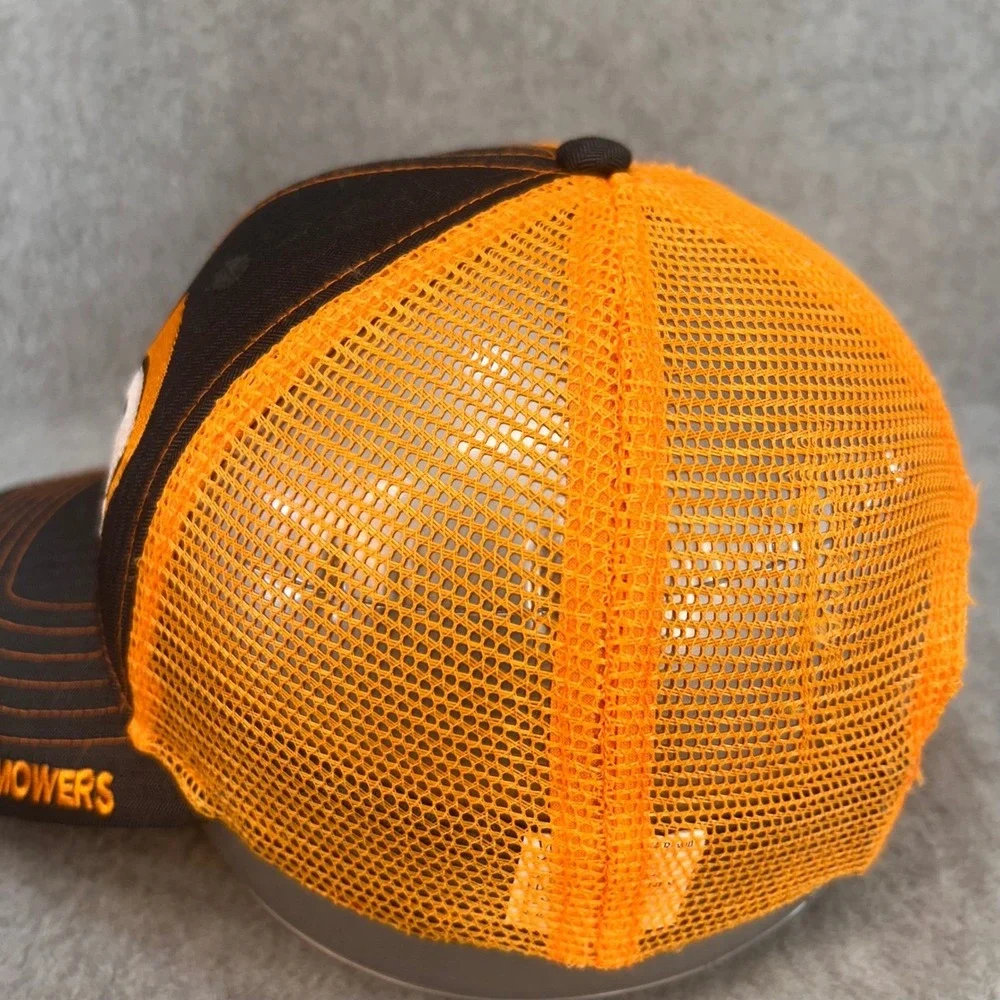 Spartan Mowers Spartan Helmet Logo Mens Black Orange Trucker Hat Snapback OSFM